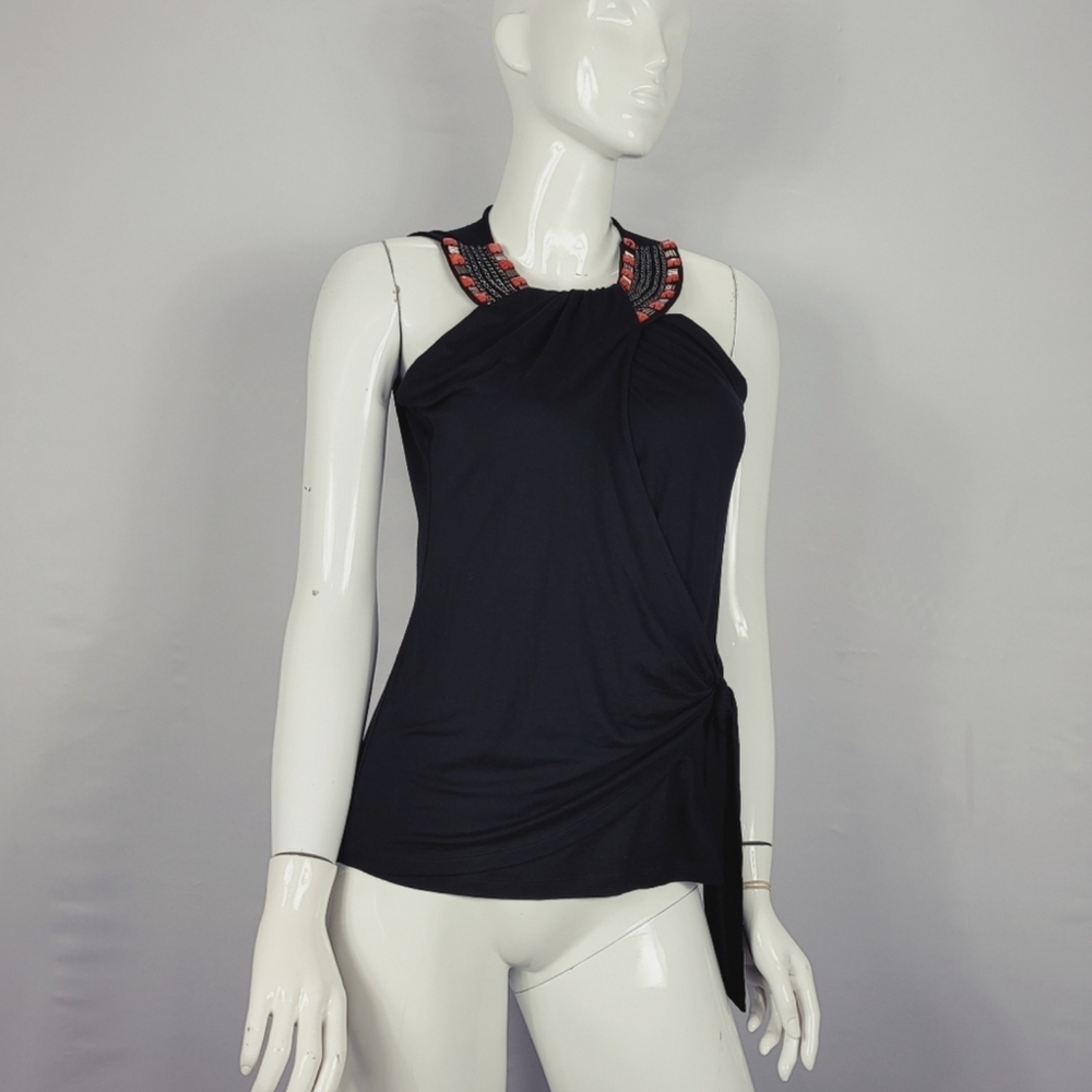 Cache Jeweled Neckline Faux Wrap Top Blouse Size L